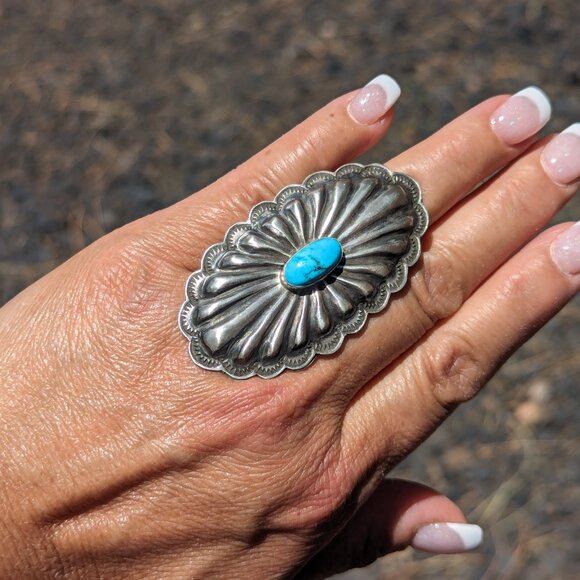 Navajo Concho Ring Kingman Turquoise Sterling Silver Native Am Jewelry sz 7.25US - Picture 4 of 10
